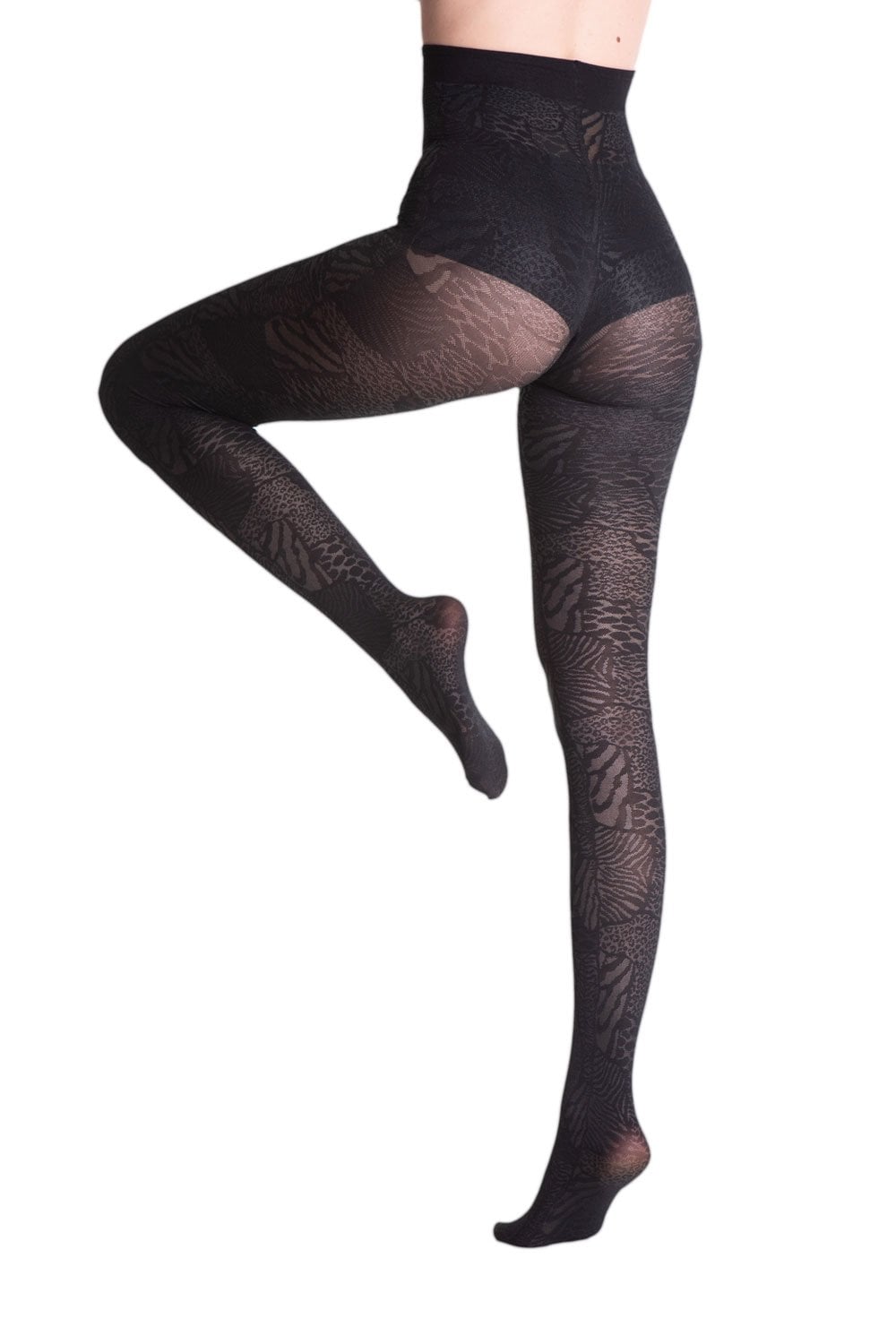 Animal patterned tights worn by a person on a white background