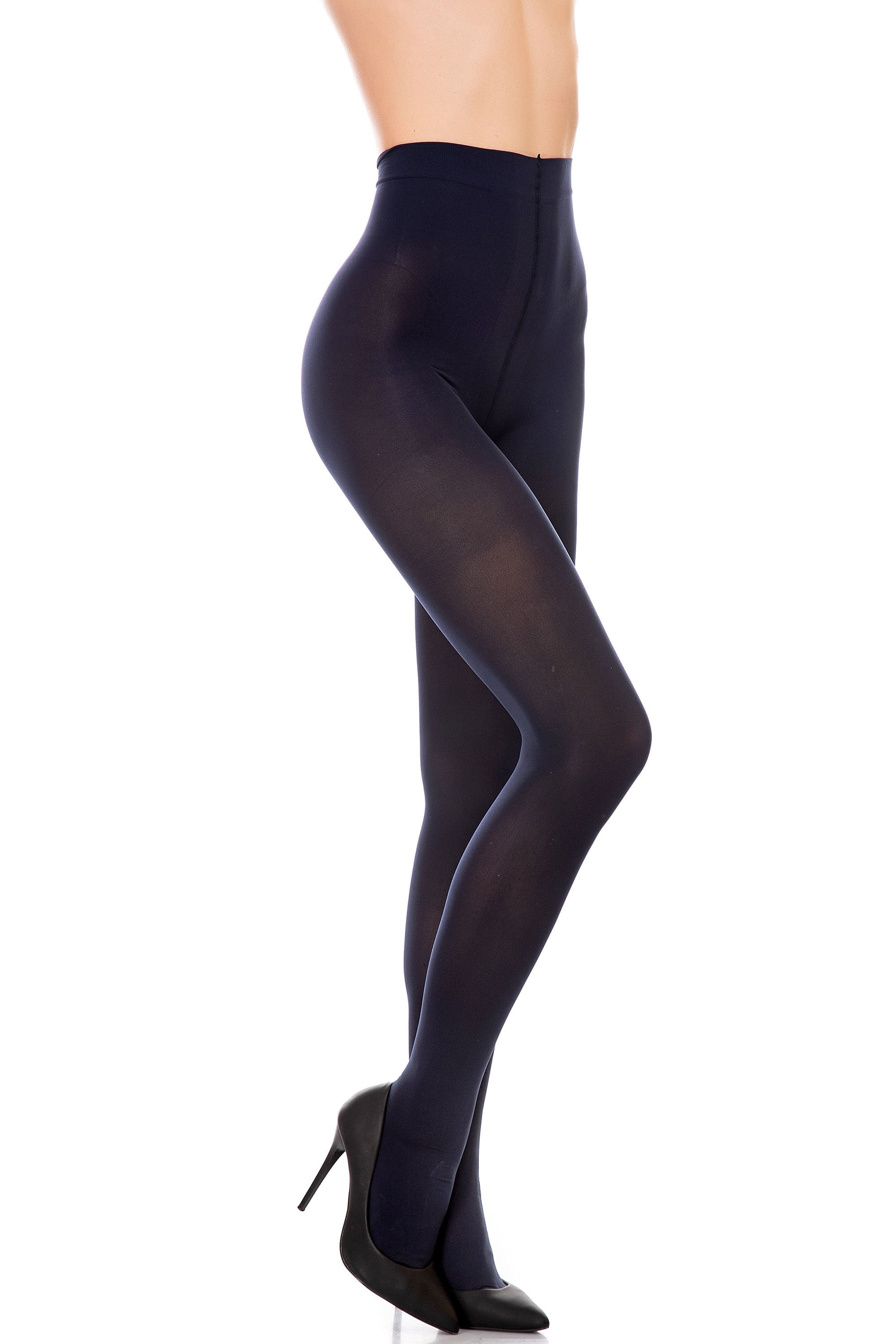 Navy llaria tights worn by a person on a white background