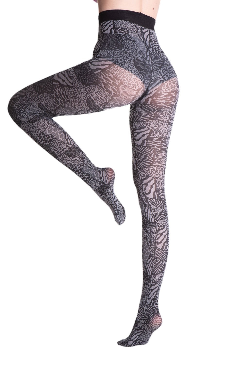 Animal patterned tights worn by a person on a white background
