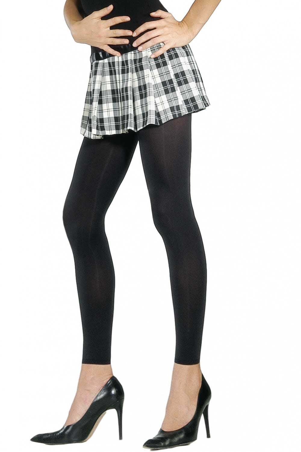 Person wearing black footless tights  and a plaid skirt on a white background