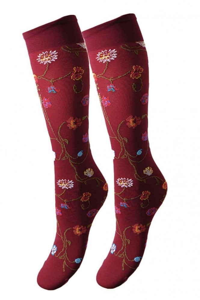 Bordeaux knee-high socks with floral pattern on a white background