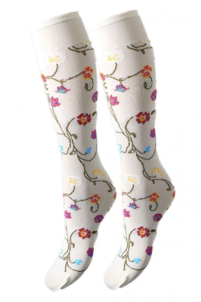 Seta coloured  knee-high socks with floral patterns on a white background