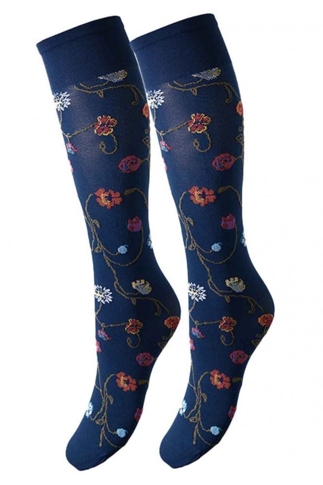 Zafiro coloured knee-high socks with floral pattern on a white background