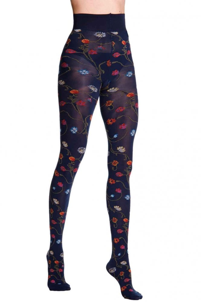Navy tights with colorful floral pattern on a white background
