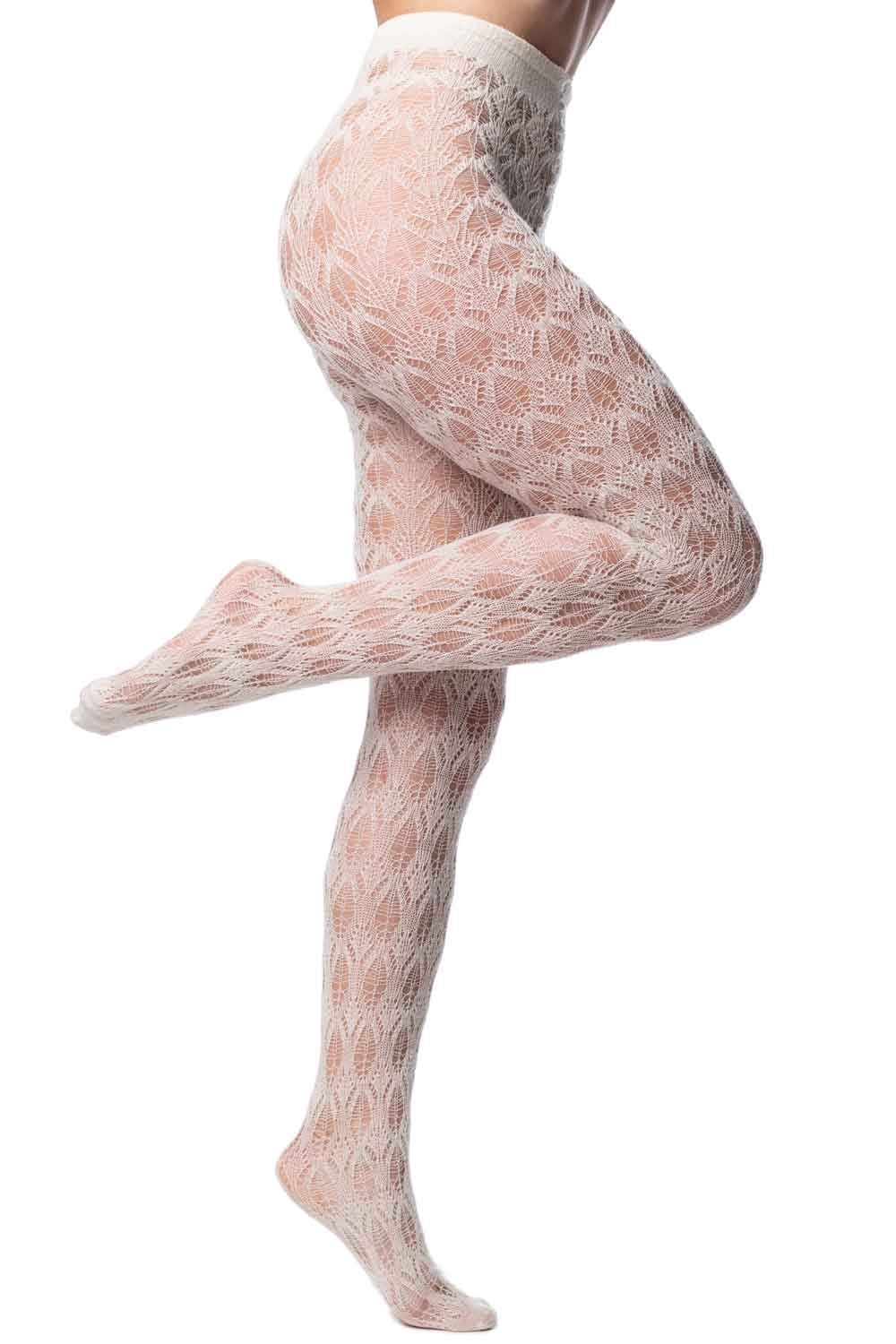 Trasparenze  polaris white lace design tights worn by a person on a white background