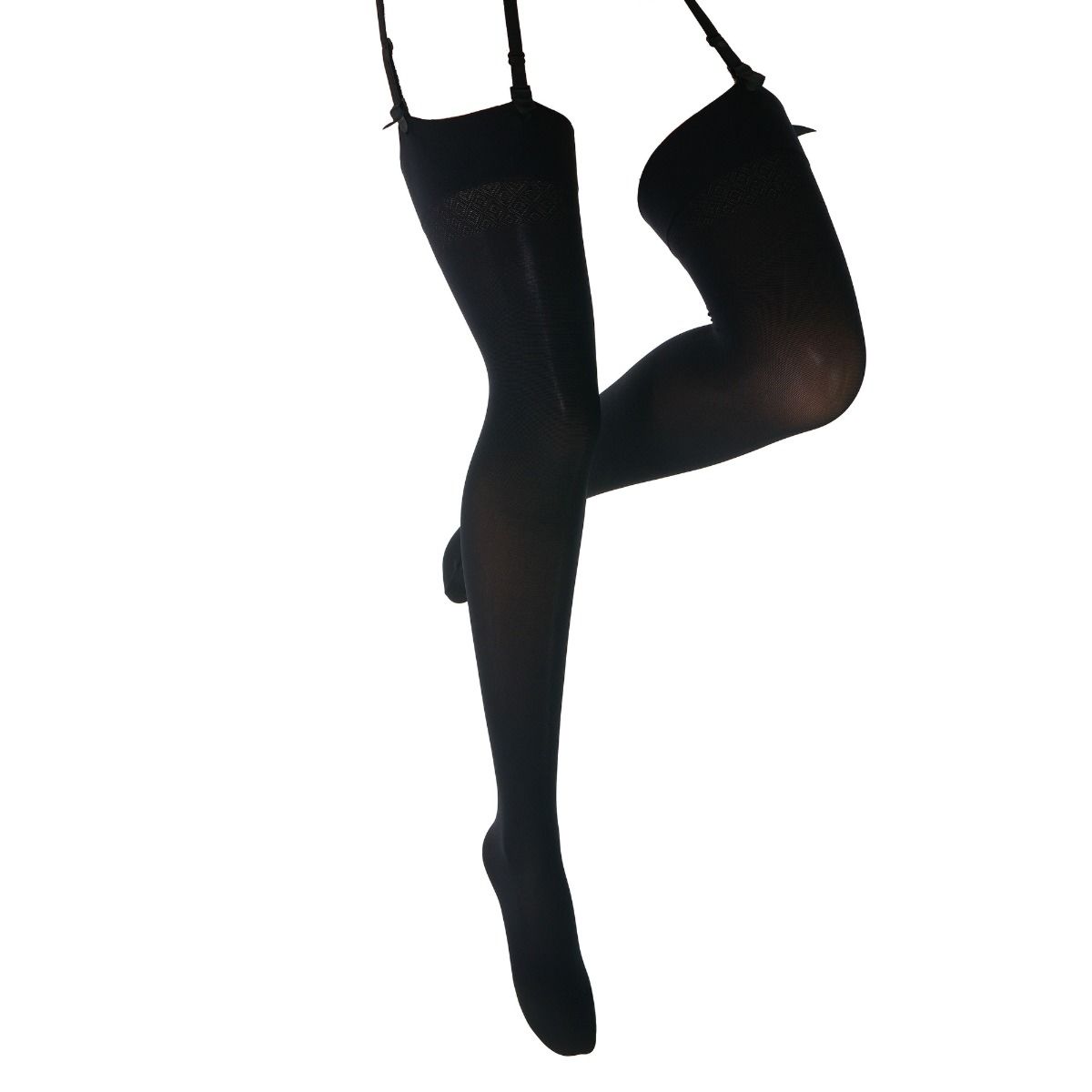 Black 70 denier hold ups on a white background