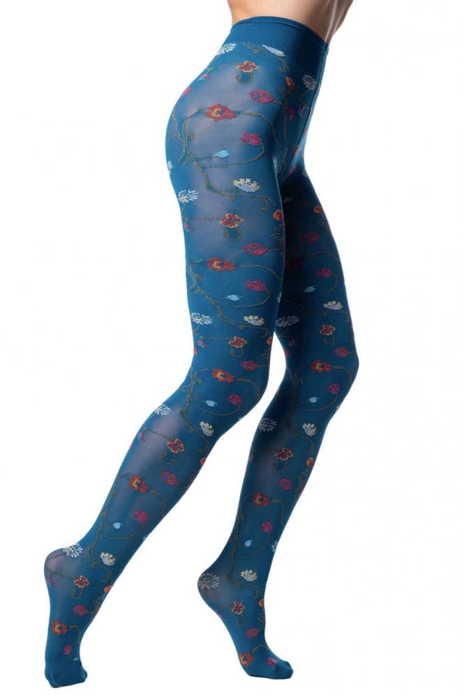 Blue tights with floral pattern on a white background