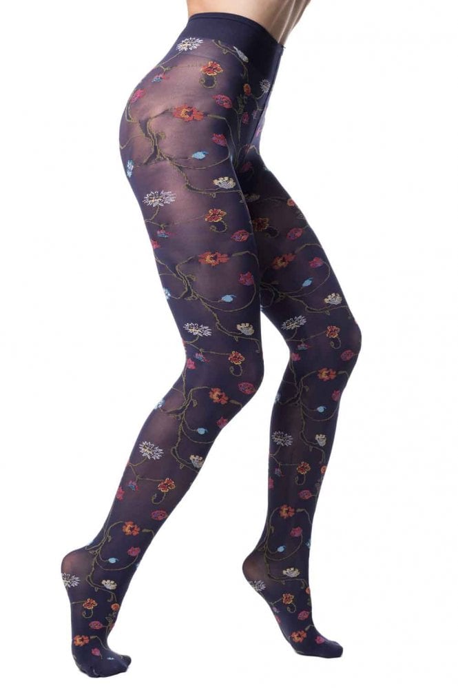 Floral purple patterned tights on a white background