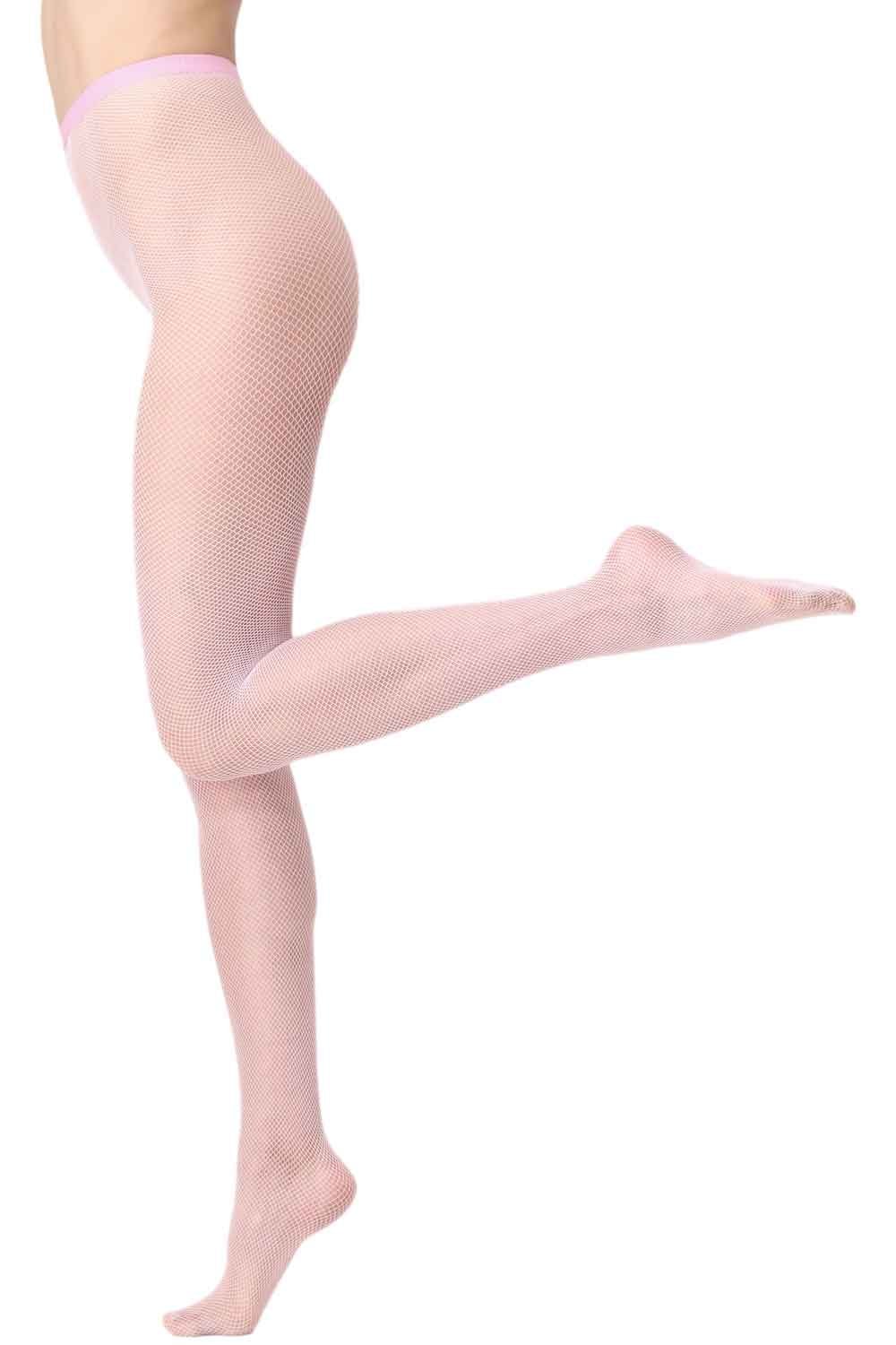 Rose coloured fishnet tights  worn by a person on a white background