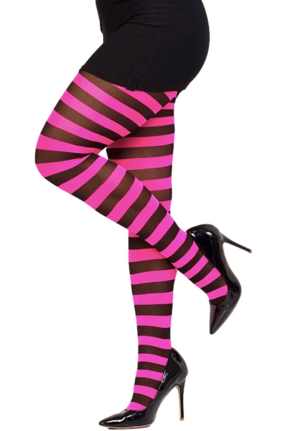 Legs wearing black and pink flourescent  striped tights with black high heels on a white background