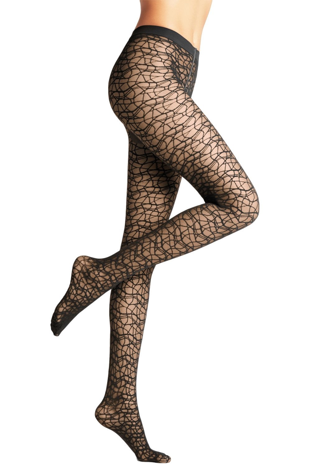 Black twisted lace patterned tights on a white background