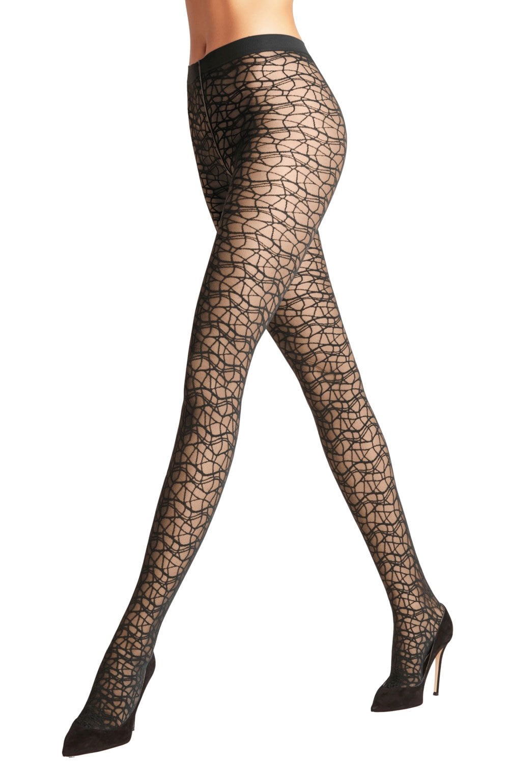 Black lace tights worn by a model on a white background