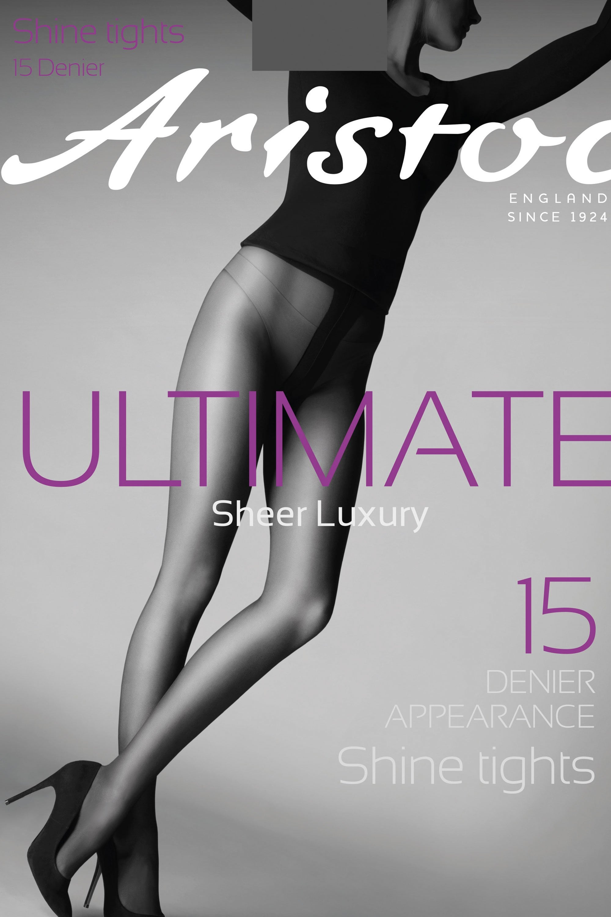 Advertisement for Aristoc sheer luxury tights with a model wearing them.