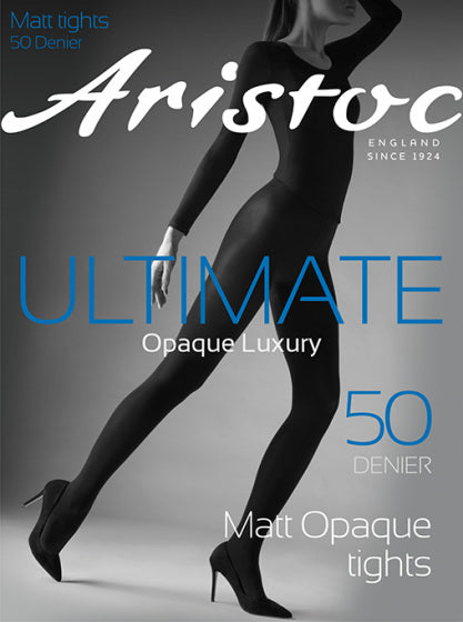 Aristoc tights advertisement with a model wearing black tights on a gray background
