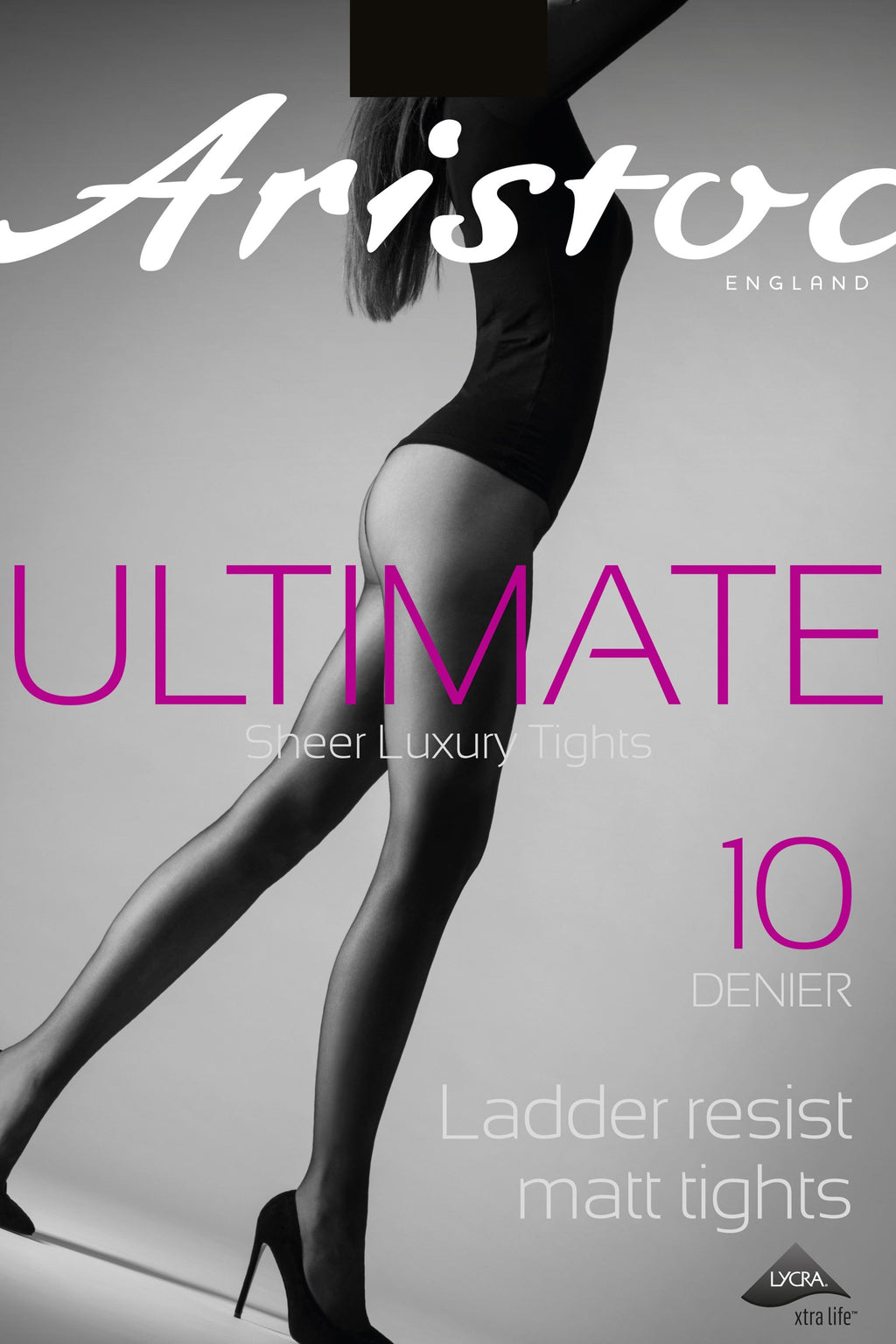 Aristoc tights advertisement with a model wearing black tights on a gray background.