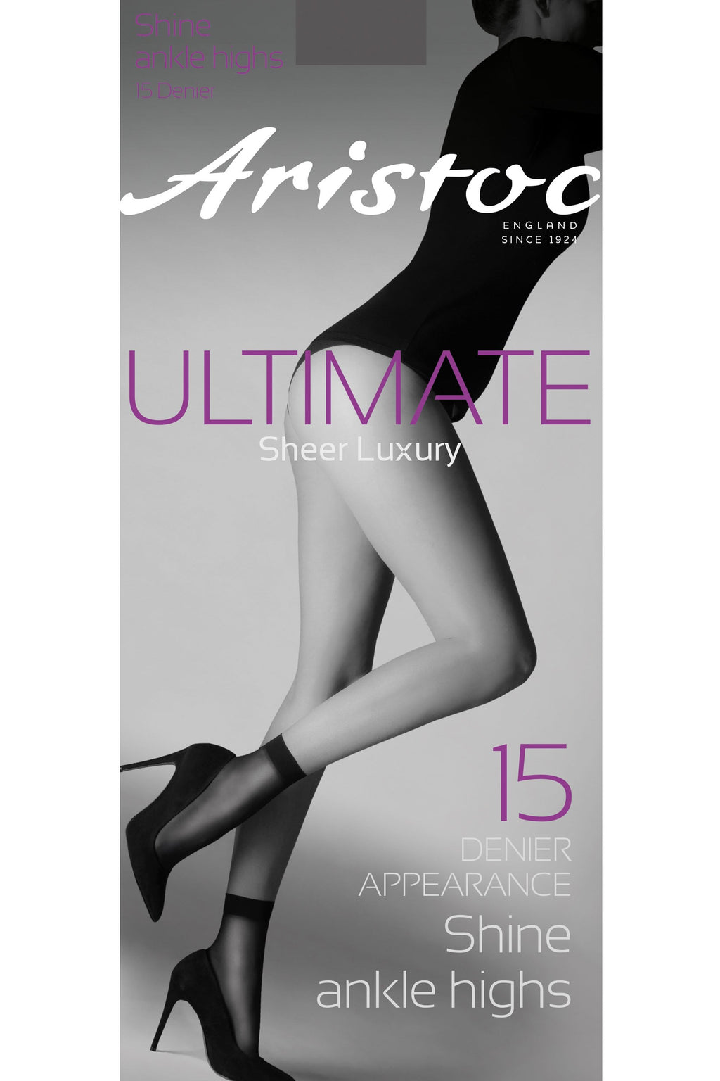 Aristoc sheer luxury ankle high socks packaging with a model wearing the socks