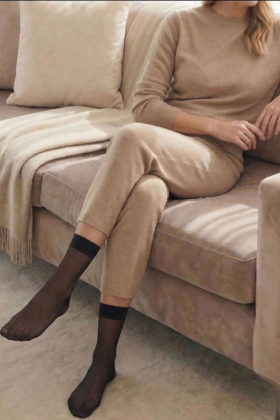 Model wearing 15 denier black ankle highs