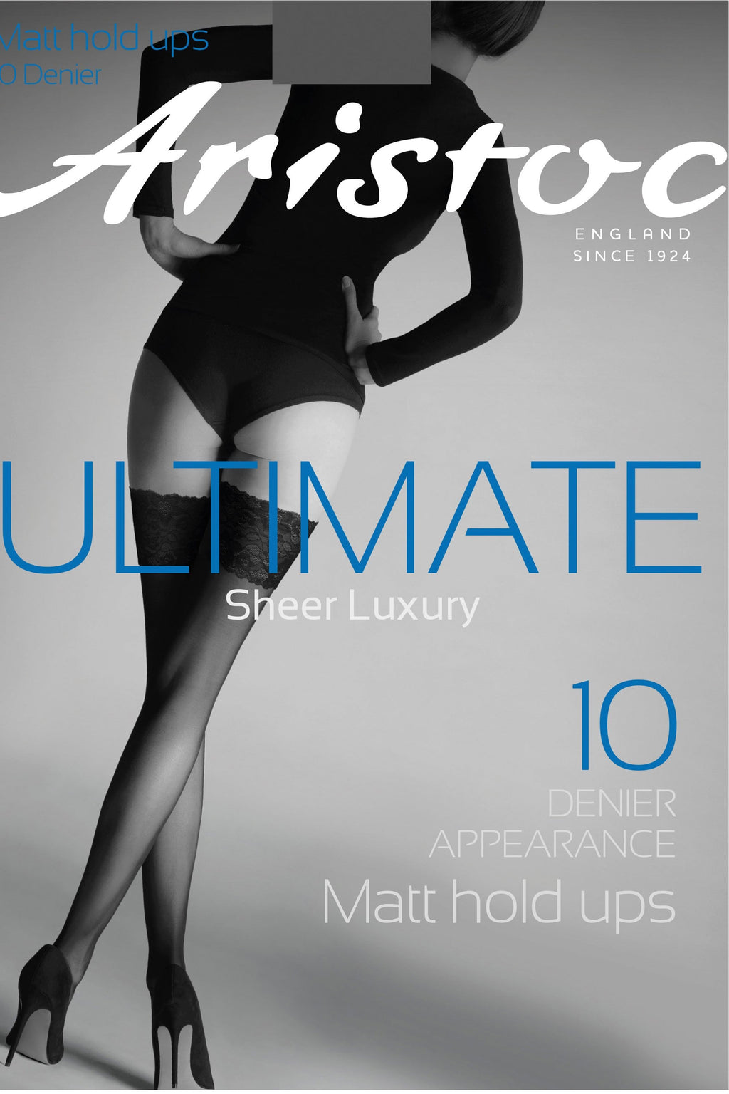 Aristoc sheer luxury hold-ups advertisement with a model wearing them.