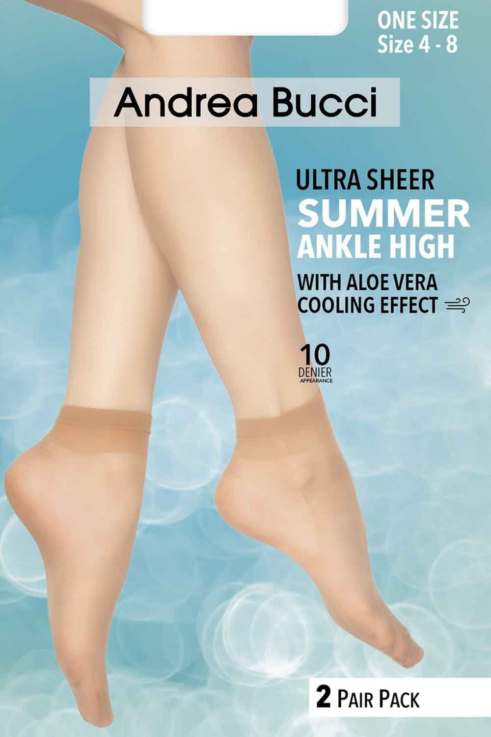 Andrea Bucci ultra sheer summer ankle high socks with aloe vera cooling effect on a blue background