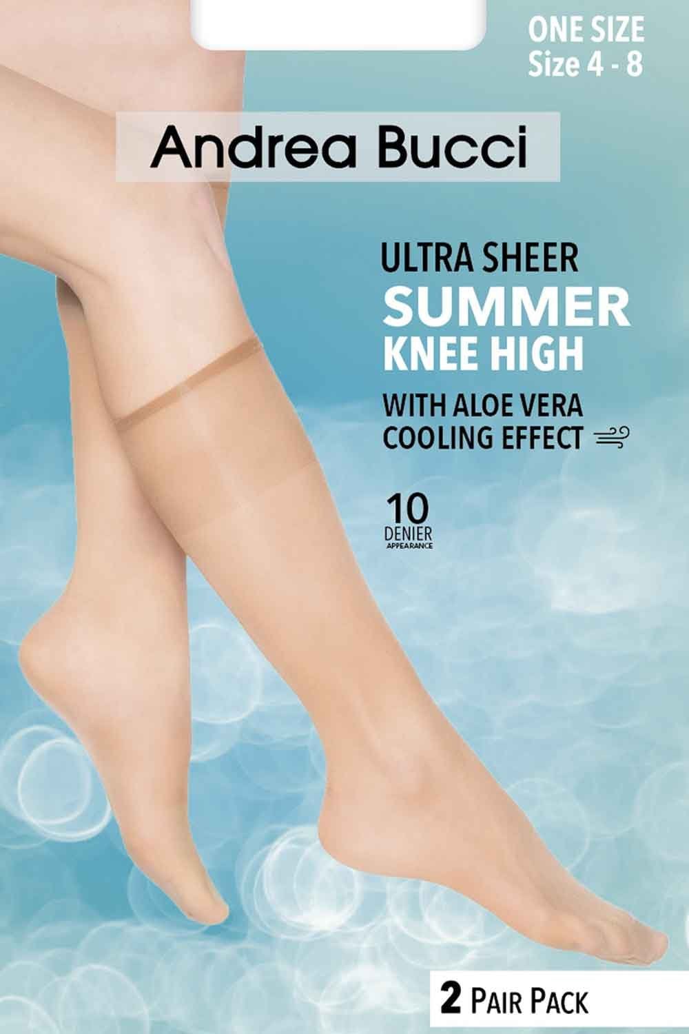 Andrea Bucci ultra sheer summer knee high with Aloe Vera cooling effect packaging on a light blue background.