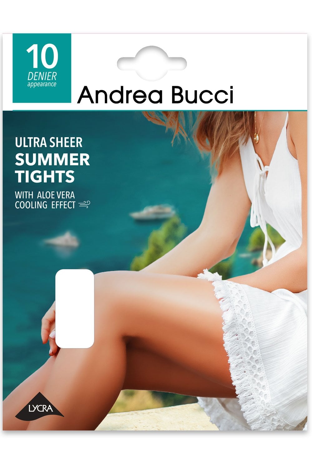 Andrea Bucci ultra sheer summer tights packaging with a model wearing  a white dress
