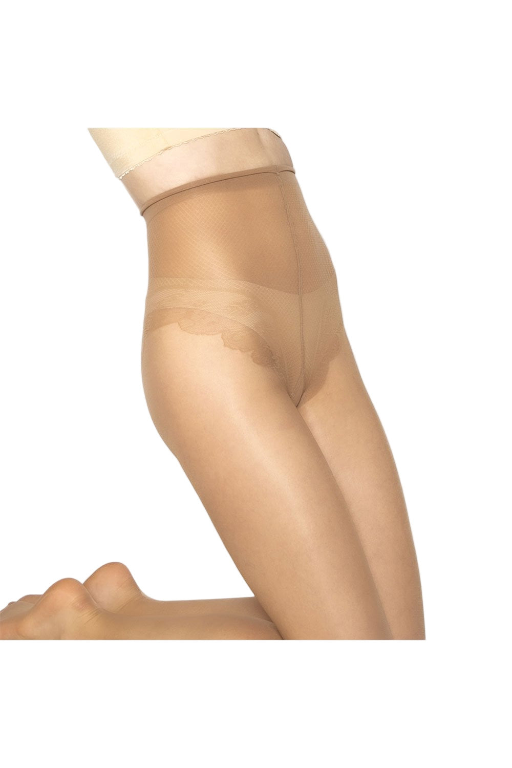 Natural tan  tights worn by a person on a white background