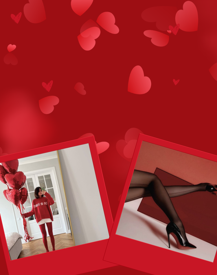 Two Polaroid-style images on a red background with hearts. One shows a person in a red outfit wearing red tights holding balloons, the other shows a person in black stockings and high heels. It is a valentine's day promotion at tights tights tights