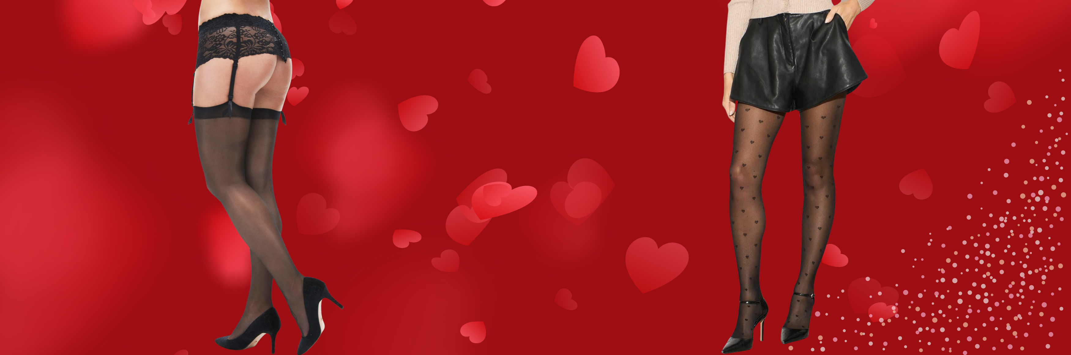 Valentines day banner showing heart patterned tights and black shiny stockings sold at tights tights tights