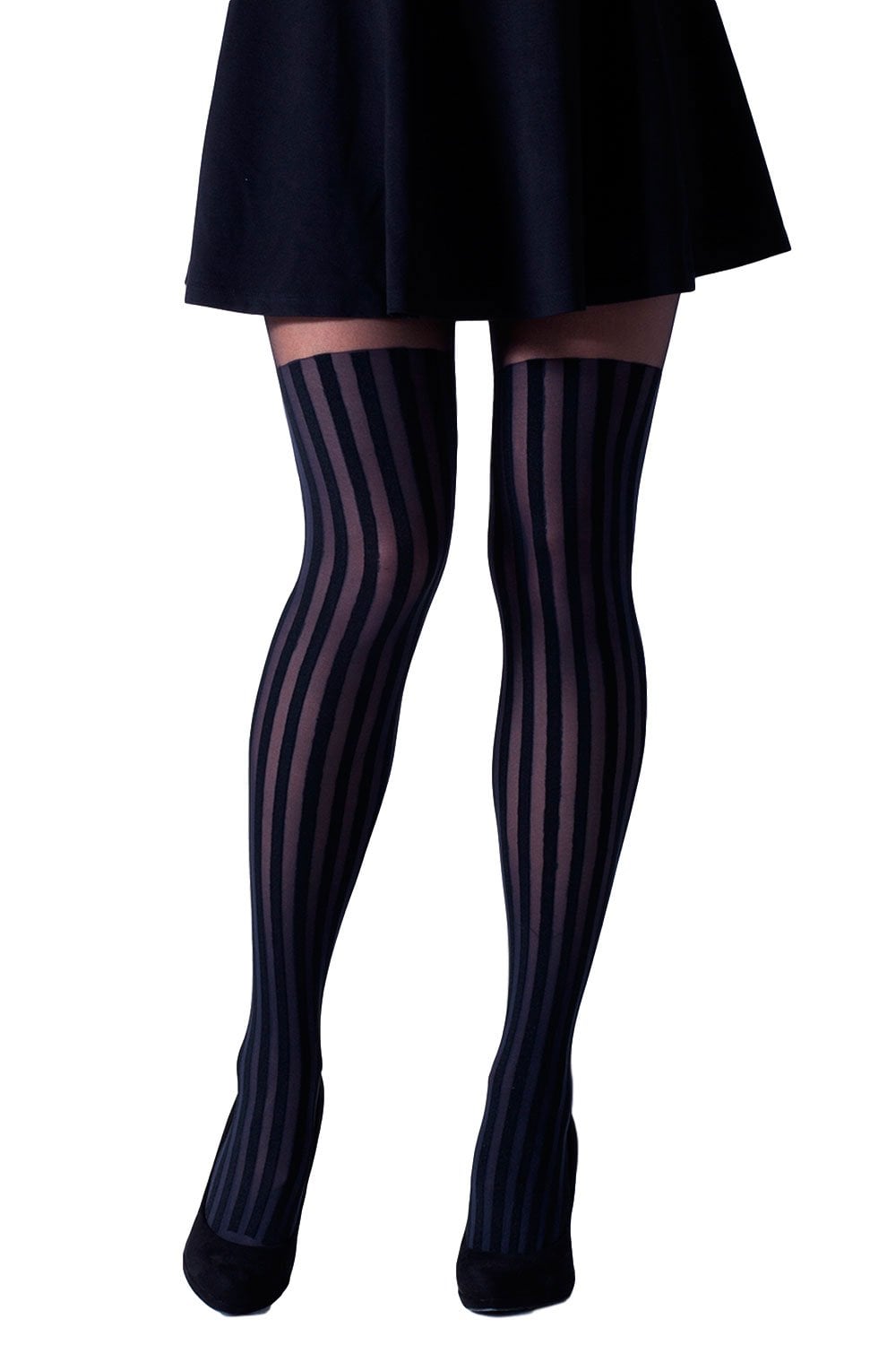 Black and grey stripe mock stocking tights  worn with a black skirt on a white background