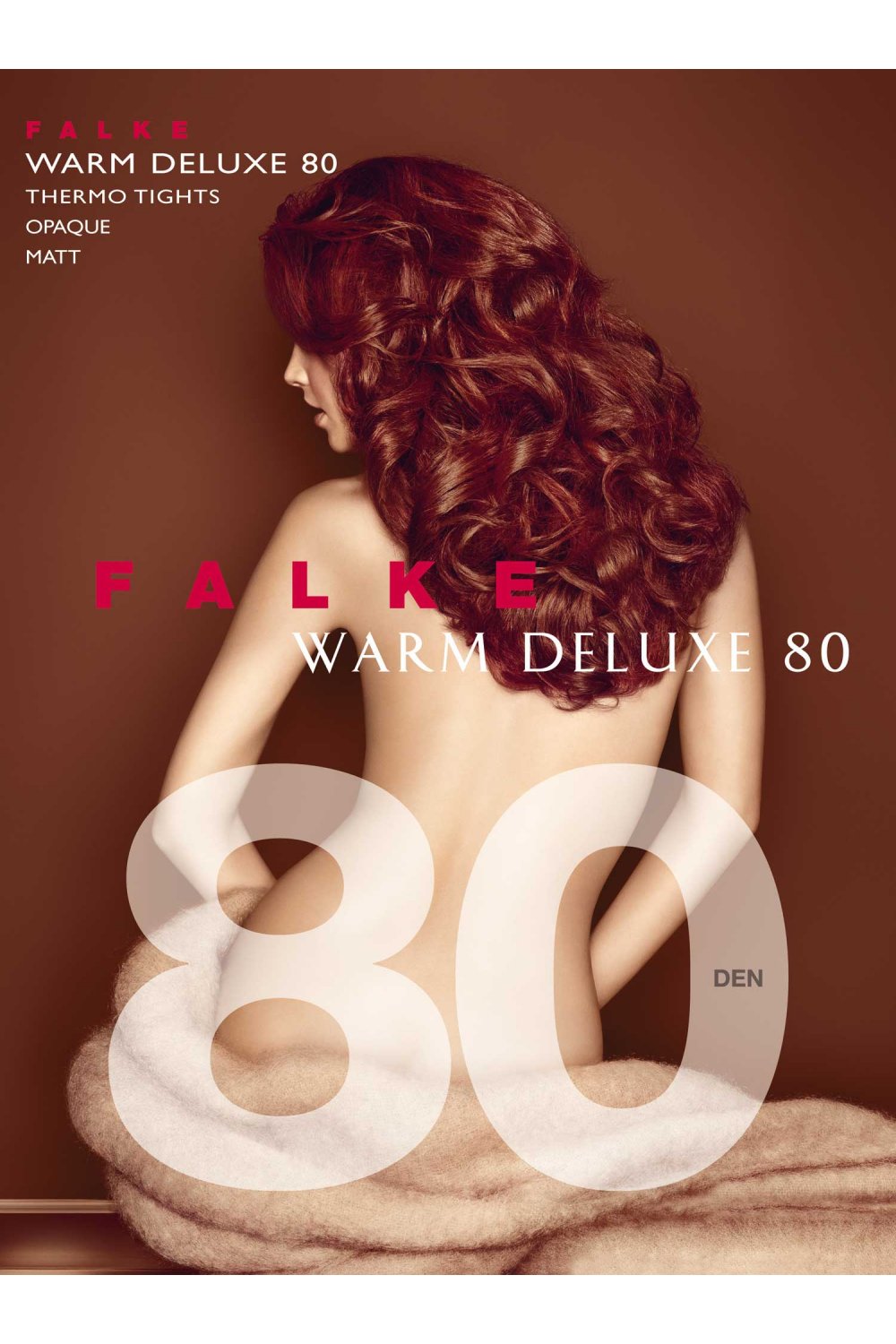 Advertisement for Falke Warm Deluxe 80 tights with a model wearing them, set against a brown background.