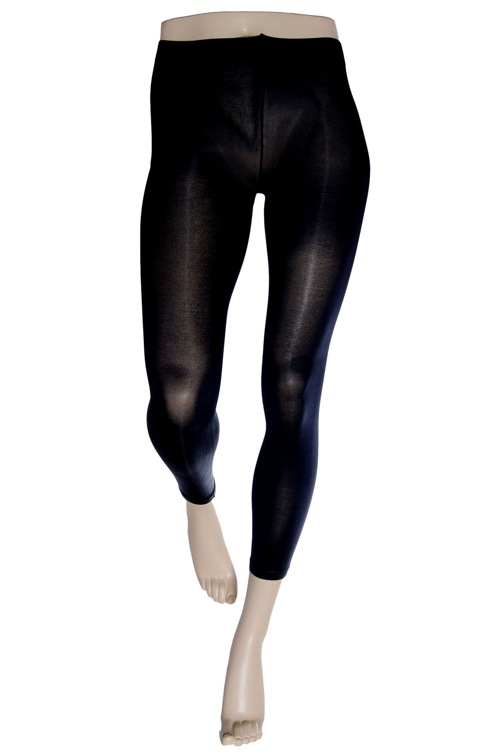 Black wet look footless tights on a mannequin against a white background