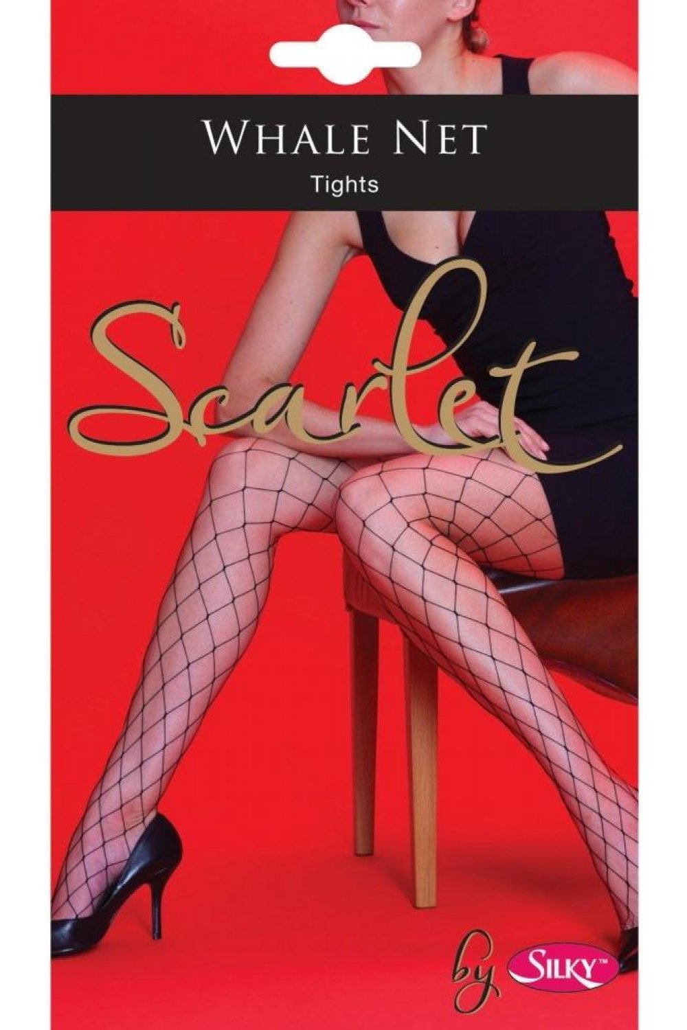 Silky whale net tights packaging with a model wearing the tights on a red background