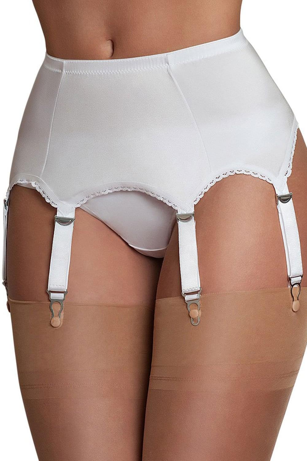 White suspender  belt with suspenders and beige stockings worn by a person on a white background