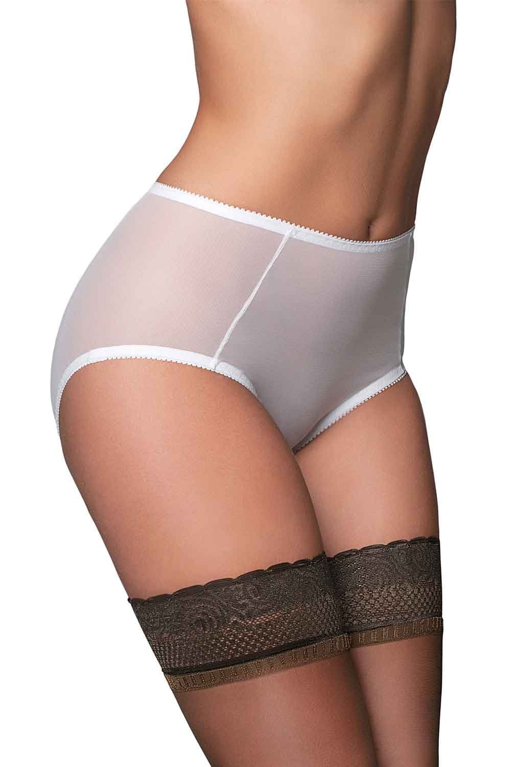 White sheer  mesh knickers with black hold ups on a white background