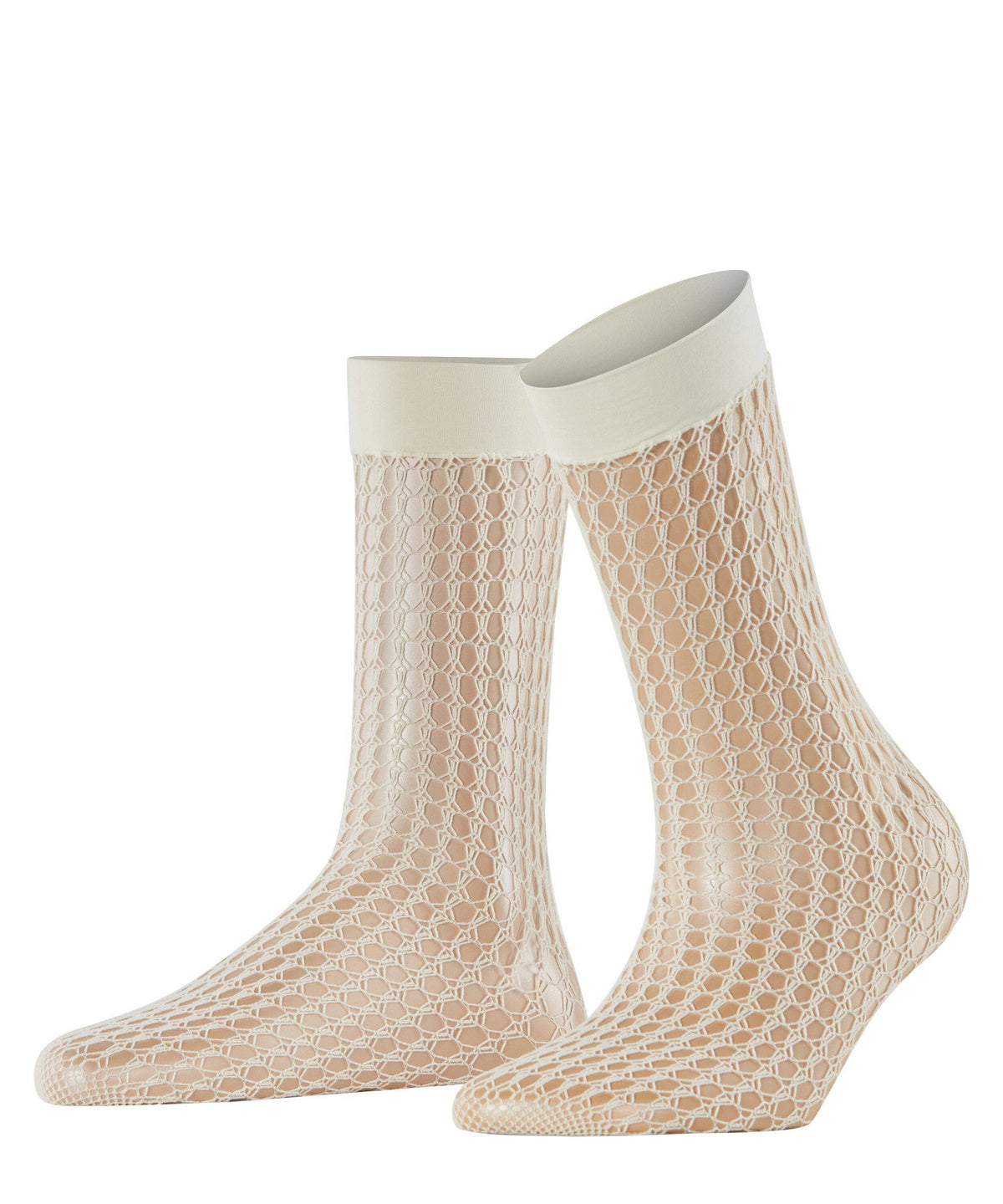 Pair of beige fishnet socks with white cuffs on a white background