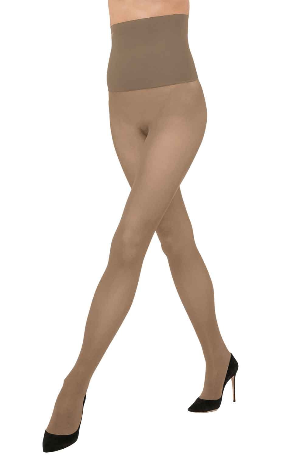 Gobi colored  tights worn by a model on a white background