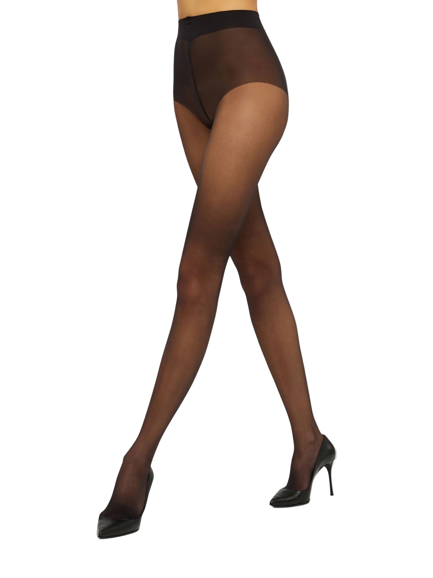 Black sheer tights worn by a model on a white background
