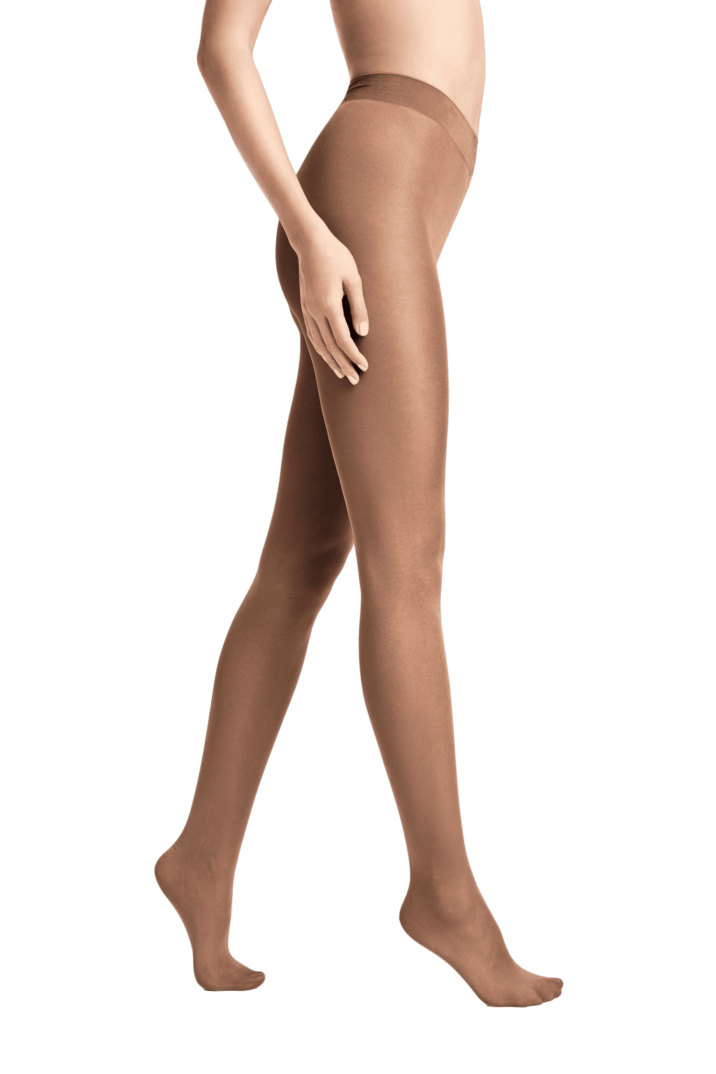 Brown concealer tights worn by a model on a black/grey background
