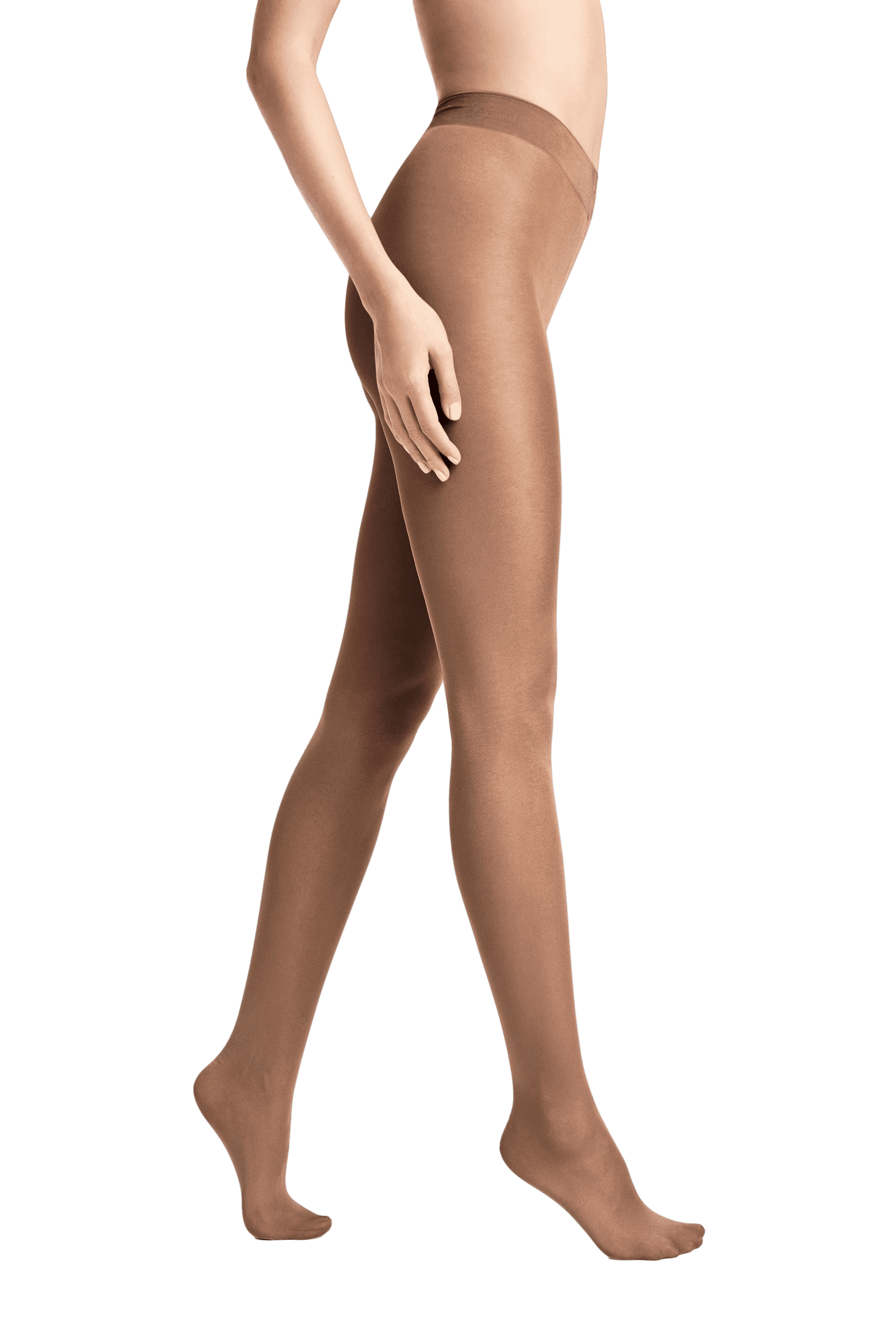 Brown concealer tights worn by a model on a black/grey background