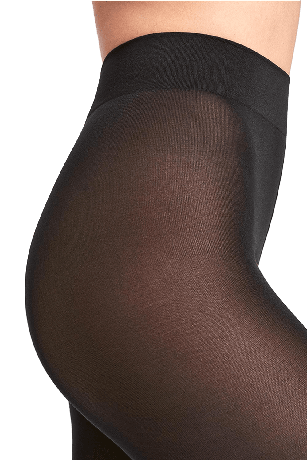 Black tights worn by a person on a black patterned background