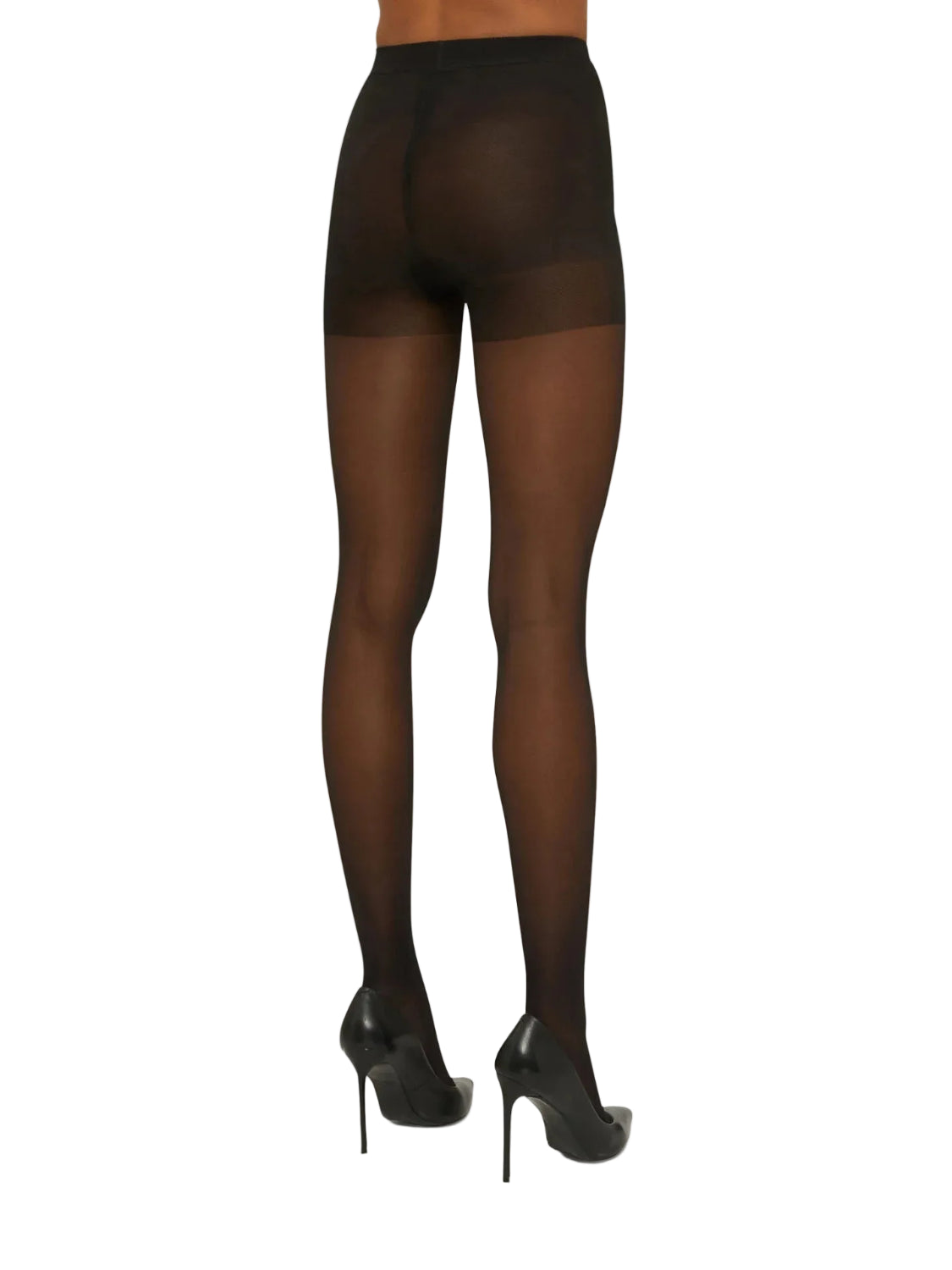 Black sheer tights worn by a person on a white background