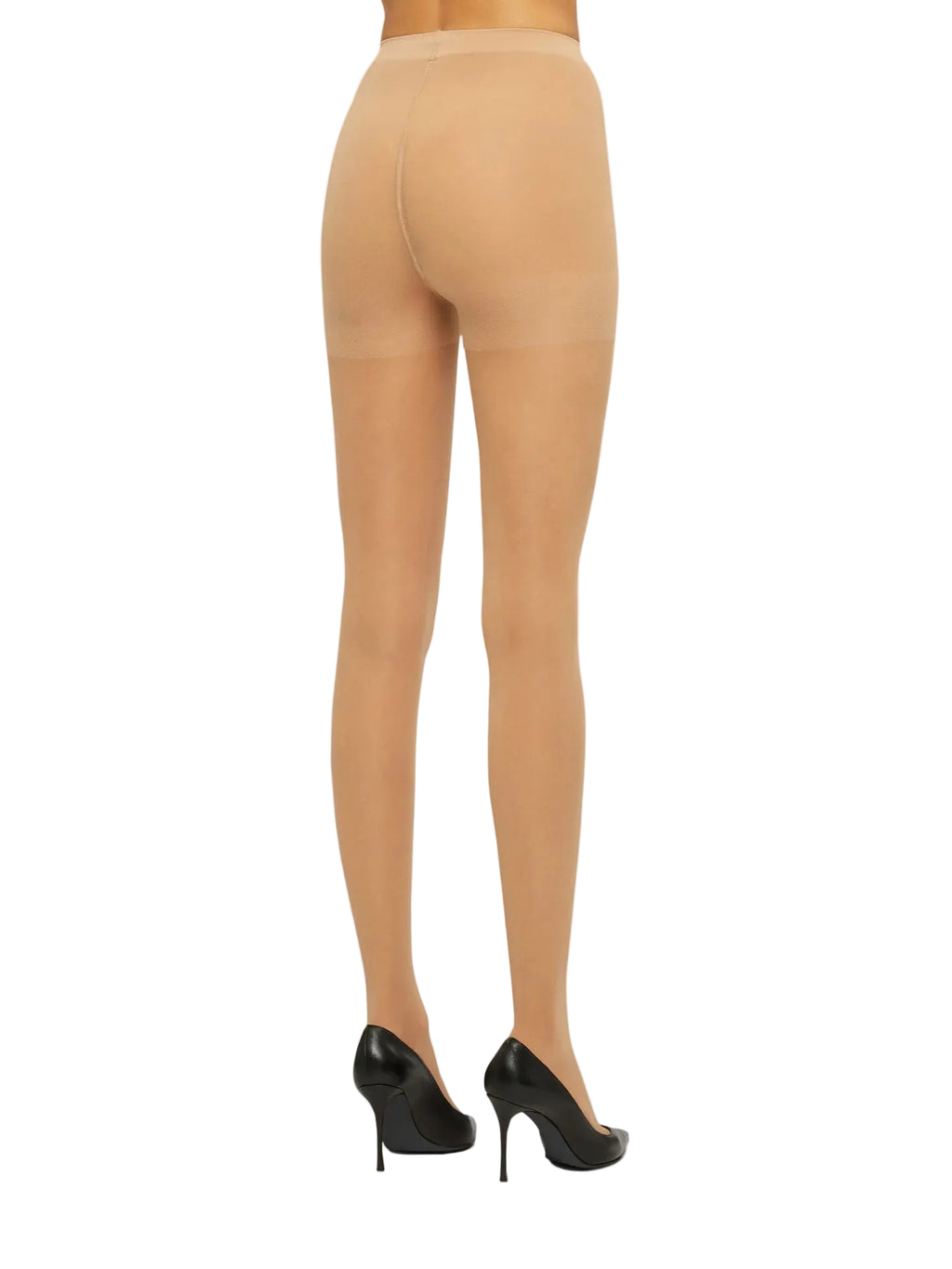 Beige tights worn by a person on a white background