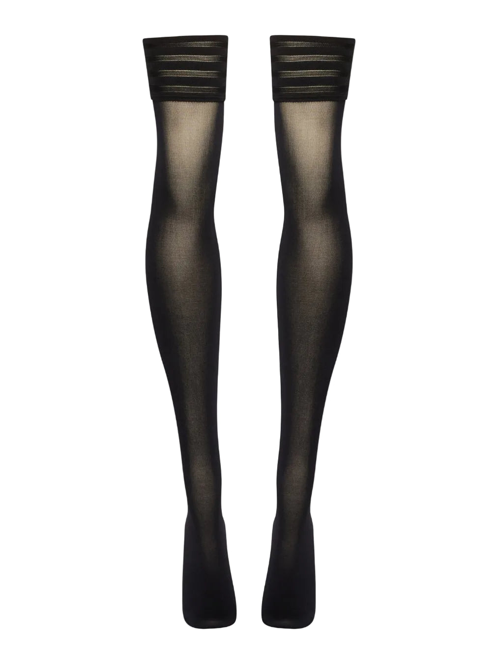 Black hold ups with mesh panels on a white background