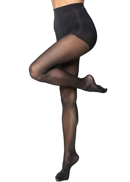 A model's legs wearing sheer black control top tights