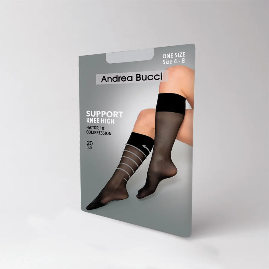 Andrea Bucci Support Knee High compression socks in size 4-8, shown in their retail packaging against a light gray background.