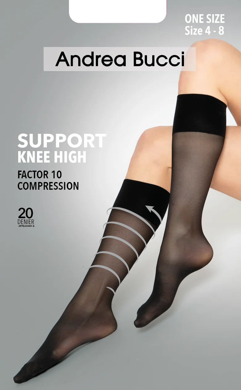 Andrea Bucci knee-high compression socks shown on a model's legs against a light gray background. The socks are black at the top and transition into a sheer dark gray/black mesh with white compression bands near the calf.