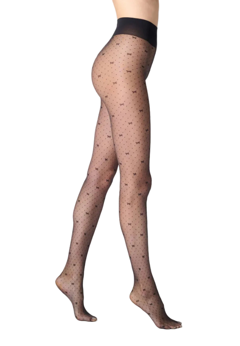 Black patterned tights worn by a person on a white background