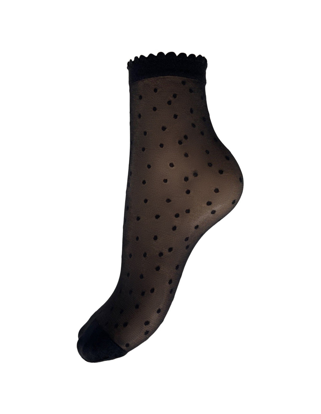 charnos black polka dot ankle high socks ona  white background