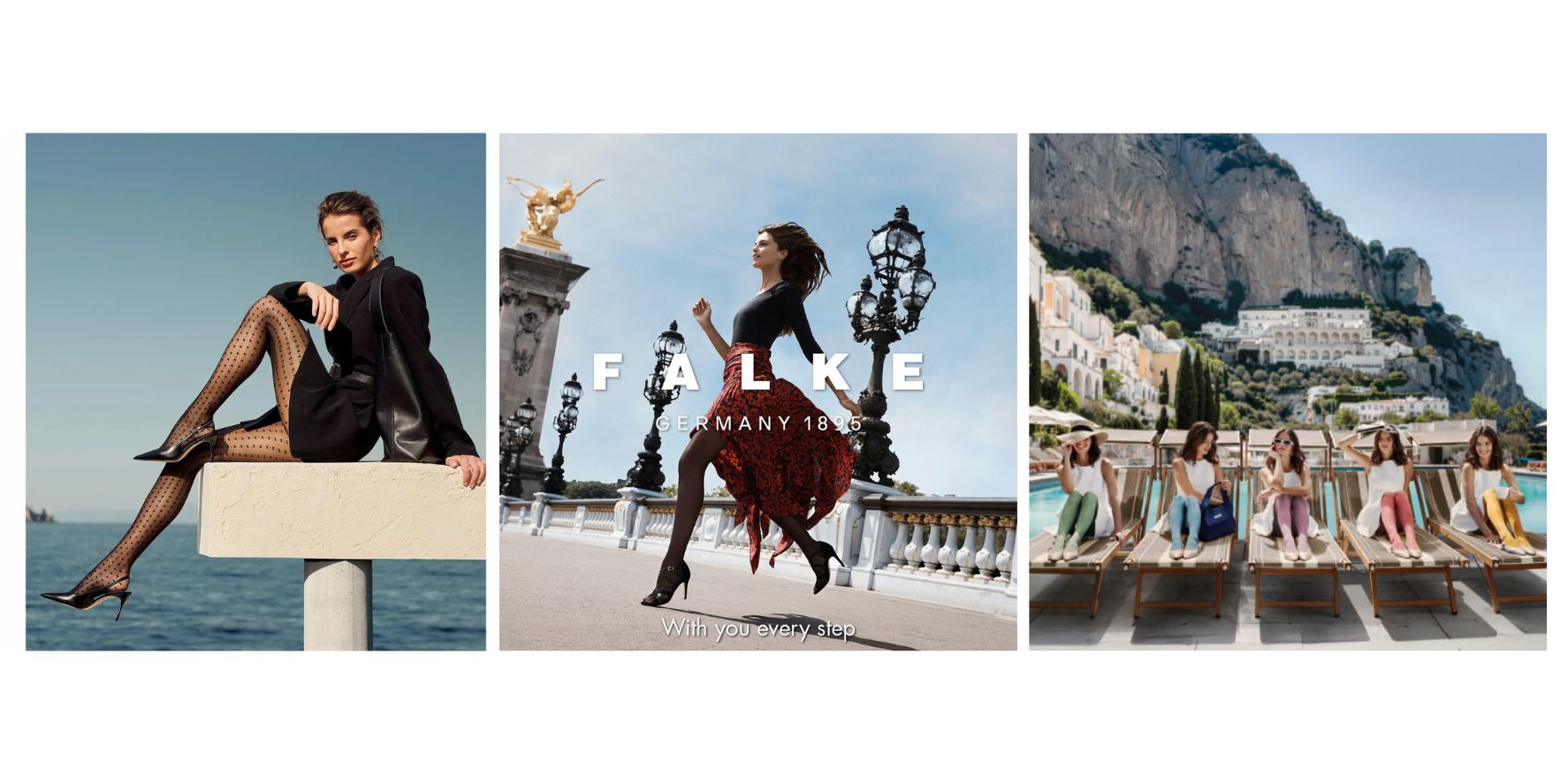 Three collage images featuring women in various settings with 'Falke' branding.