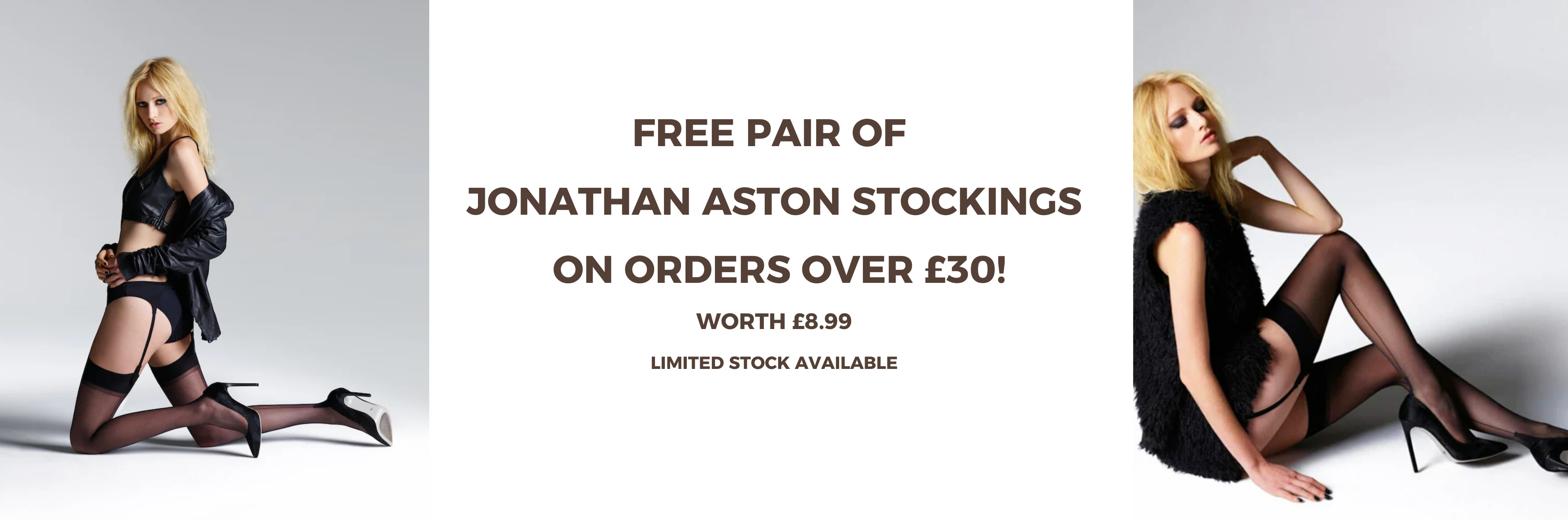 banner showing free jonathan aston stockings with model wearing the backseam stockings